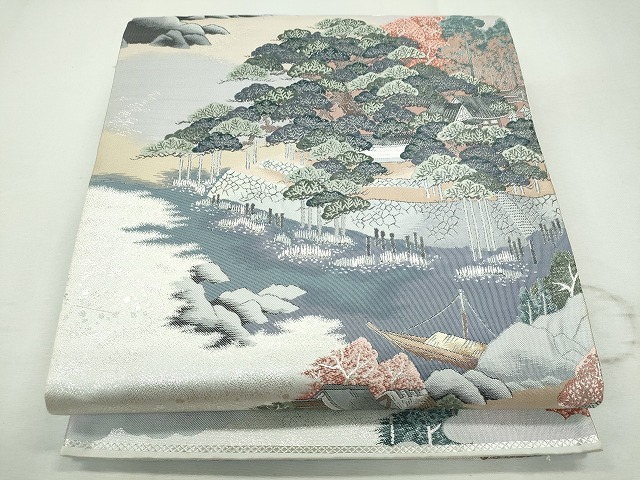 平和屋着物◎六通柄袋帯　風景草木文　銀糸　逸品　CAAI3740ku