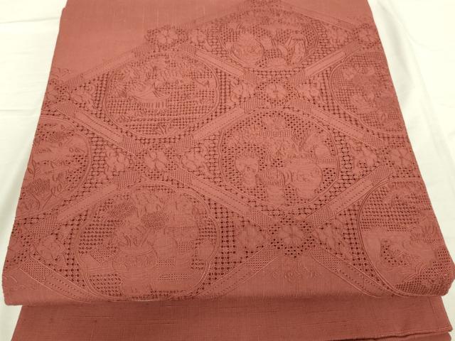 平和屋着物●中国三大刺繍　汕頭刺繍　スワトウ刺繍　総刺繍　太鼓柄袋帯　紬地　陶器花文　葡萄茶色　反端付き　正絹　逸品　DAAH7542sf