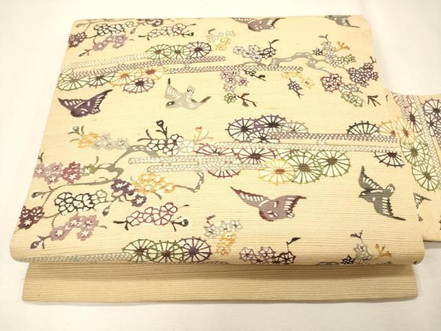 平和屋着物◎九寸名古屋帯　紬地　エ霞舞蝶花鳥文　逸品　CAAJ9684oy