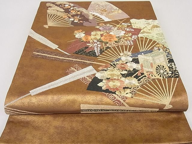 平和屋着物■中国三大刺繍　相良刺繍　総刺繍　太鼓柄袋帯　舞扇御所車花文　金銀糸　引箔　逸品　未使用　DAAE2985ps