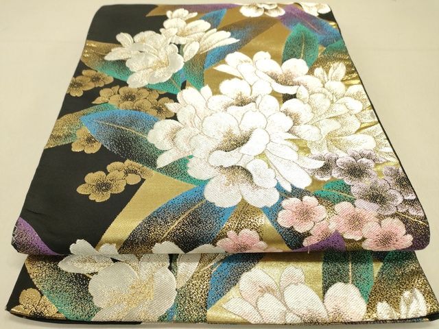 平和屋着物■六通柄袋帯　夢振舞　草花文　黒地　金銀糸　逸品　DAAI7555fe