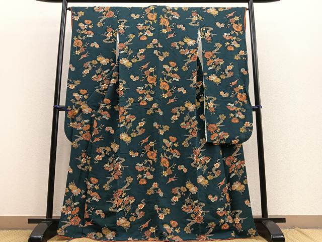 平和屋着物■豪華振袖　型染め　流水花鳥文　鬼しぼ縮緬　正絹　逸品　BAAN5041ev