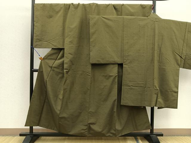 平和屋着物●男性　紬　アンサンブル　色無地　草色　正絹　逸品　BAAN2577me