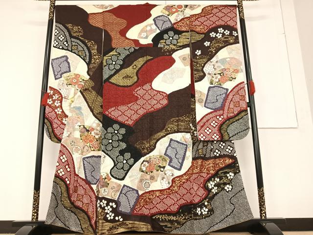 平和屋着物●豪華振袖　絞り　地紙花文　金彩　正絹　逸品　AAAO6295ph