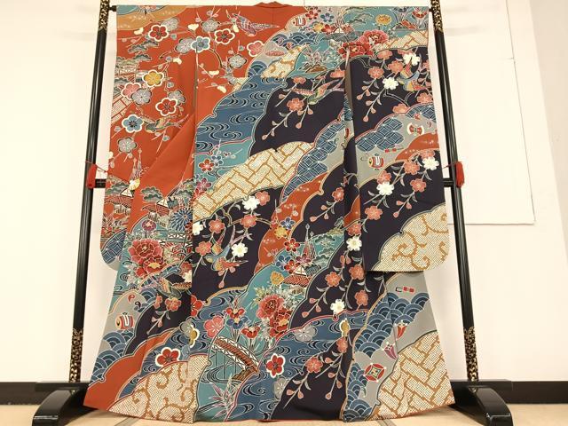 平和屋着物●豪華振袖　紅型　花鳥文　正絹　逸品　AAAO6291ph
