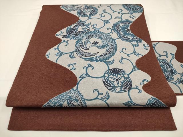 平和屋着物■九寸名古屋帯　越後型染　作家物　鳳凰花文　鬼しぼ縮緬　正絹　逸品　AAAO7319pf