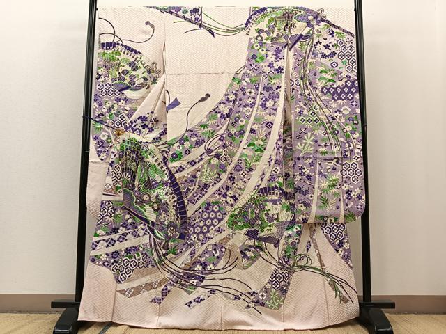 平和屋着物■豪華振袖　駒刺繍　檜扇亀甲花鳥文　金彩　正絹　逸品　BAAM7187ui