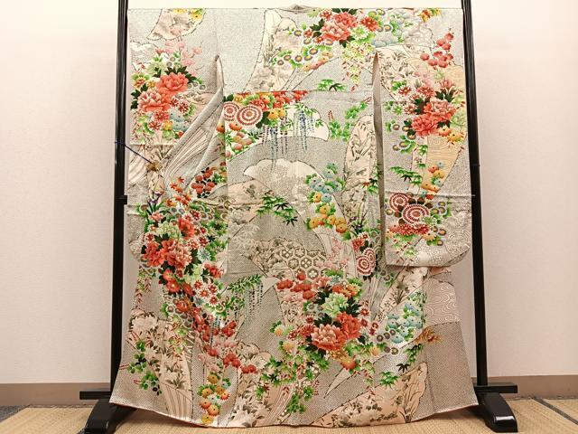 平和屋着物■豪華振袖　手描き　駒刺繍　草花文　金彩　正絹　逸品　BAAM7178ui