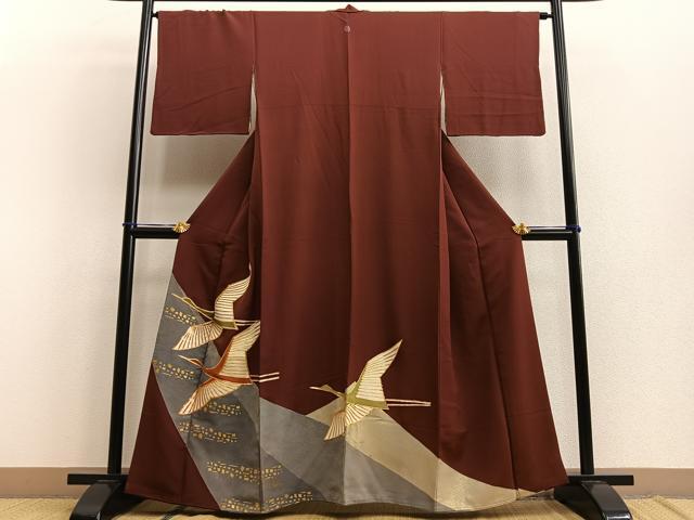 平和屋着物■豪華色留袖　駒刺繍　飛鶴文　金彩　正絹　逸品　BAAN5029ev