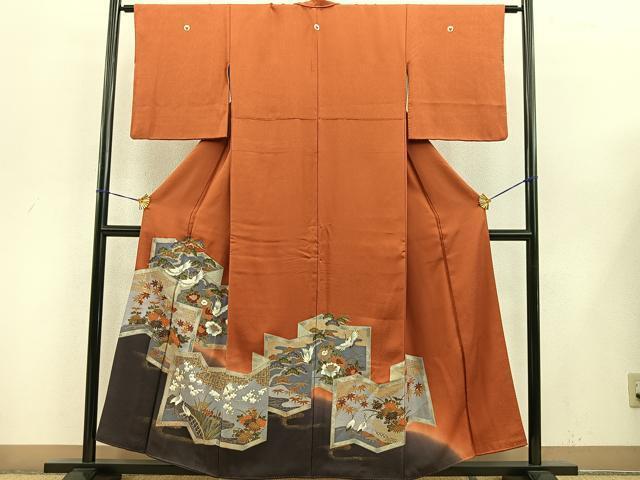 平和屋着物■豪華色留袖　屏風飛鶴草花文　暈し染め　金彩　正絹　逸品　BAAN7665ct