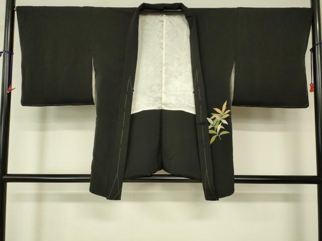 平和屋着物■羽織　草花文　黒地　正絹　逸品　DAAL9195cm