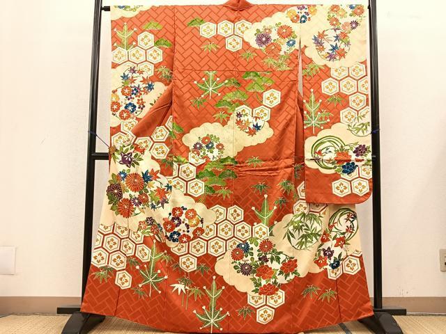 平和屋着物■豪華振袖　駒刺繍　亀甲雲取り草花文　金彩　正絹　逸品　BAAN7635ct