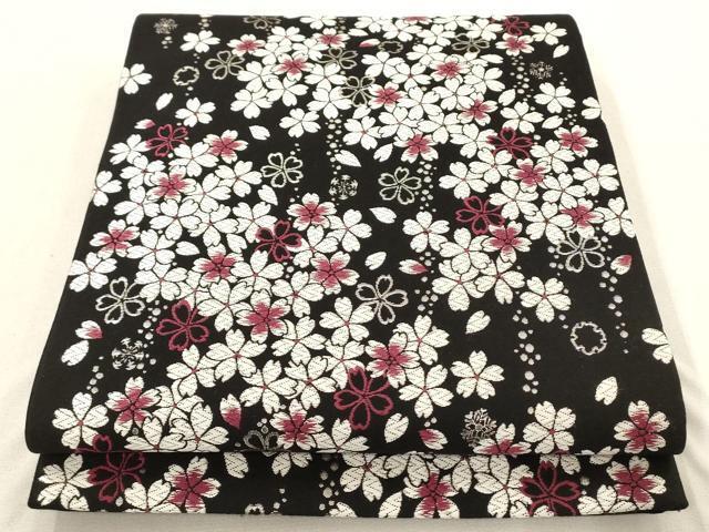 平和屋着物●六通柄袋帯　唐織　舞桜文　夜桜　雪華　黒地　銀糸　正絹　逸品　AAAN4094az