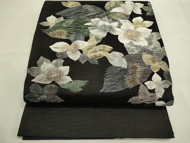 平和屋着物●太鼓柄袋帯　スリーシーズン　春夏秋　すくい織り　草花文　黒地　金銀糸　正絹　逸品　DAAL7256du