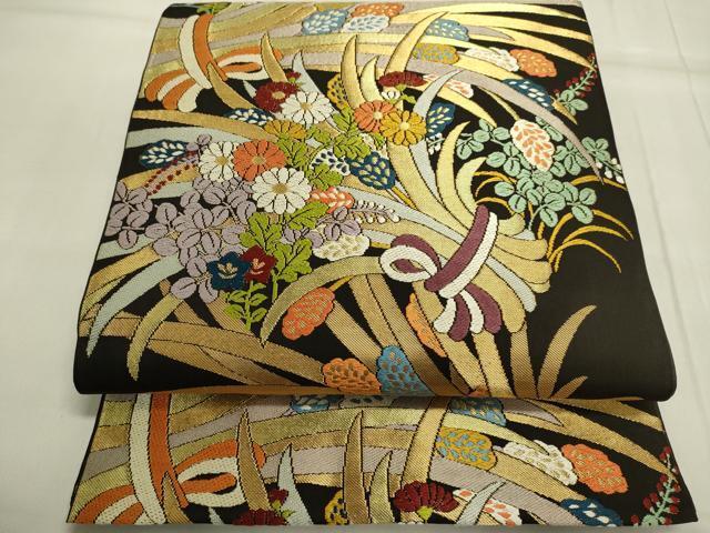 平和屋着物●極上　西陣　川島織物　六通柄　本袋帯　唐織　草花文　黒地　金糸　正絹　逸品　DAAL7243du