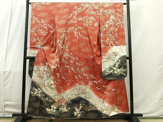 平和屋着物■豪華振袖　駒刺繍　扇面草花文　暈し染め　金彩　正絹　逸品　BAAN3924bs