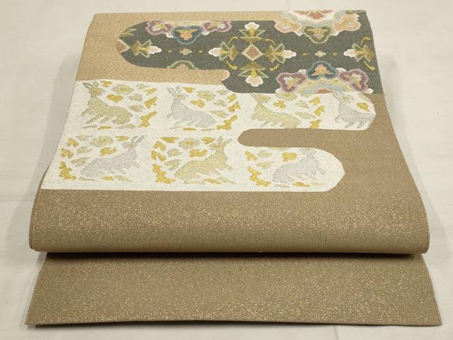 平和屋着物●爪搔き本綴れ　八寸名古屋帯　霞鳥獣文　金銀糸　正絹　逸品　AAAO8176wj