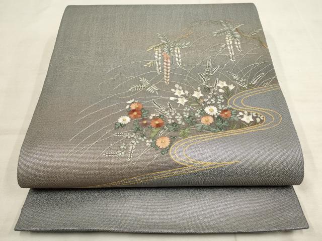 平和屋着物●太鼓柄袋帯　蘇州刺繍　流水枝花文　金銀糸　スリーシーズン　正絹　逸品　AAAO9171wj