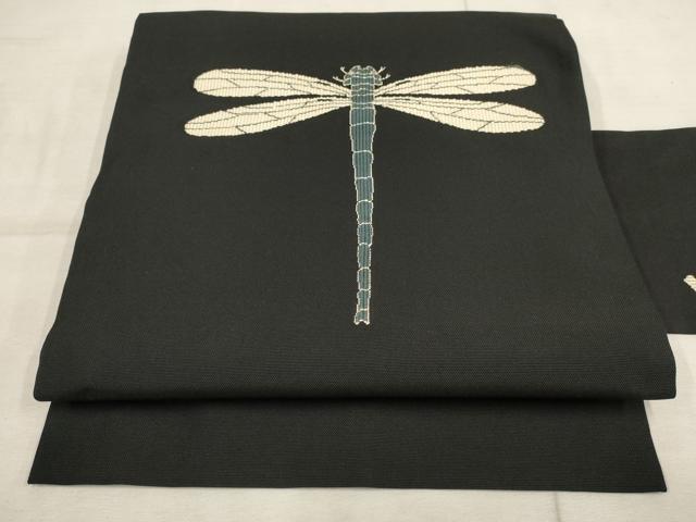 平和屋着物●九寸名古屋帯　トンボ　黒地　銀糸　正絹　逸品　AAAO9161wj