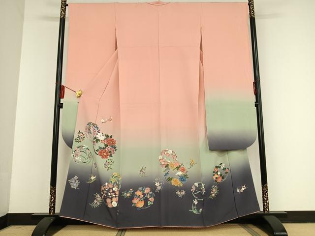 平和屋着物●十日町　加賀草木友禅の第一人者　田村哲彦　振袖　草花丸文　暈し染め　正絹　逸品　AAAM8218zg