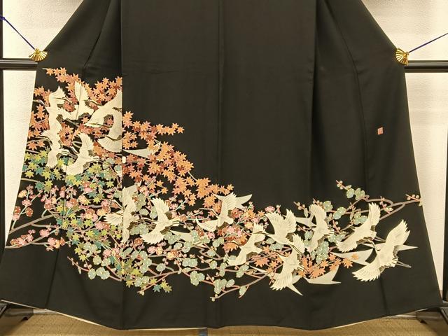 平和屋着物●本加賀友禅作家　鶴見保次　黒留袖　飛鶴枝梅文　正絹　逸品　BAAM9399fw