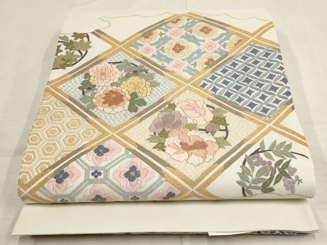 平和屋着物●区限刺繍　太鼓柄袋帯　唐織　蜀江草花菱文　金糸　正絹　逸品　AAAO8191wj