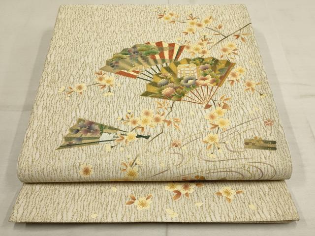 平和屋着物●太鼓柄袋帯　扇面枝花文　金糸　正絹　逸品　AAAO8190wj