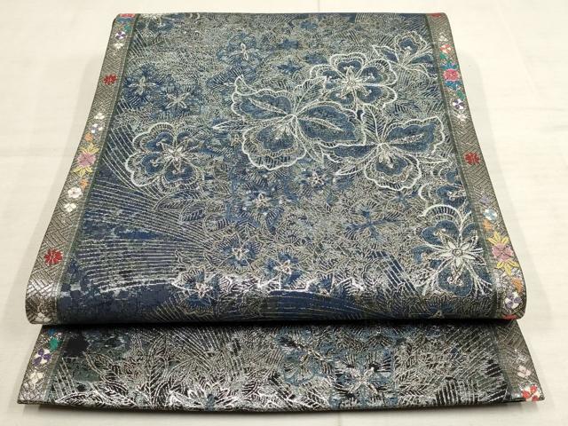 平和屋着物●六通柄袋帯　黄風麗花文　黒地　銀糸　正絹　逸品　AAAO8189wj