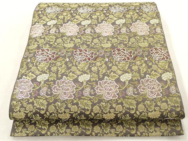 平和屋着物●六通柄　本袋帯　唐織　草花文　金糸　正絹　逸品　AAAN4118az