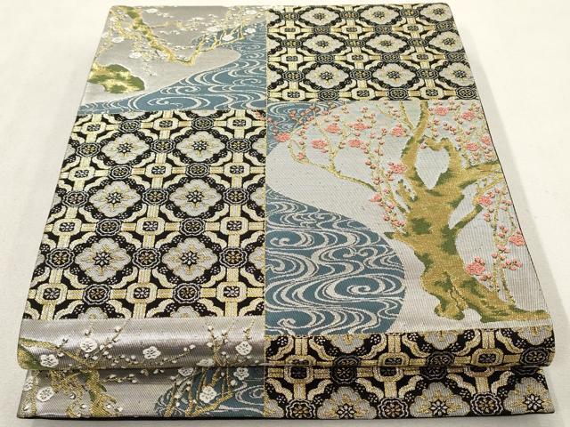 平和屋着物●六通柄袋帯　流水紅白梅図　金銀糸　正絹　逸品　AAAN4129az