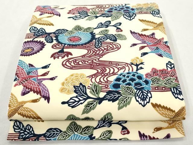 平和屋着物●両方向全通柄京袋帯　流水群れ鳥花文　鬼しぼ縮緬　AAAO1785az