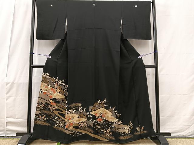 平和屋着物■豪華黒留袖　駒刺繍　流水松竹梅花文　金糸　正絹　逸品　BAAN3962bs