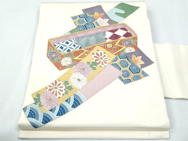 平和屋着物■塩瀬　九寸名古屋帯　短冊吉祥文　金彩　正絹　逸品　CAAK5984fb