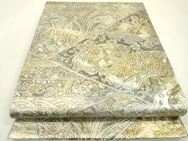 平和屋着物●六通柄袋帯　金唐革　切嵌地紙花松文　金銀彩　正絹　逸品　DAAL1822fe