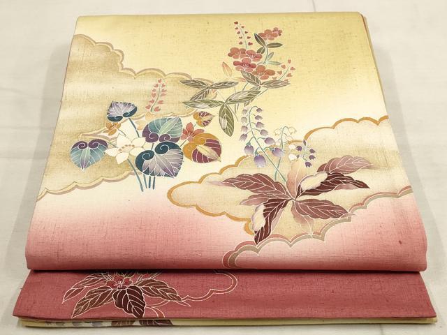 平和屋着物●太鼓柄袋帯　紬地　作家物　友禅　雲取り枝花文　金糸　正絹　逸品　AAAO4336wj