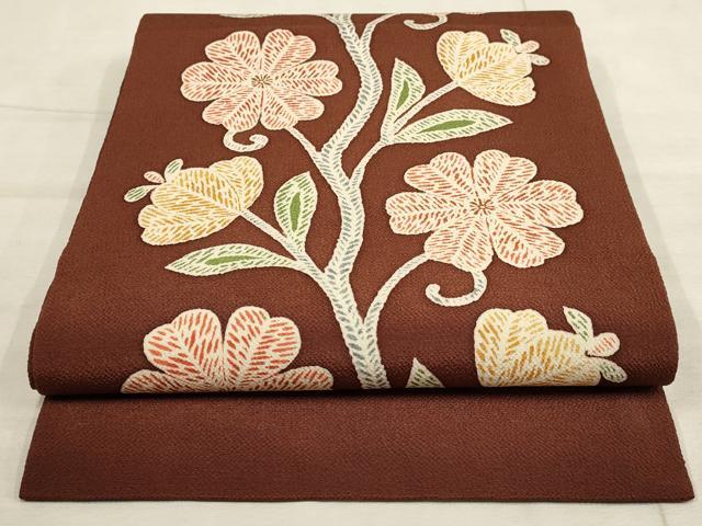平和屋着物●九寸開き名古屋帯　枝花文　型染め　鬼しぼ縮緬　正絹　逸品　AAAO4326wj