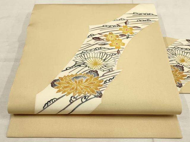 平和屋着物●塩瀬　九寸名古屋帯　草花文　型染　正絹　逸品　AAAO4280wj