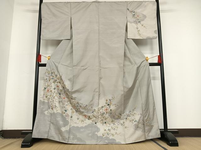 平和屋着物●本場大島紬　訪問着　総刺繍　葡萄蔦の葉文　正絹　逸品　AAAN9318zg