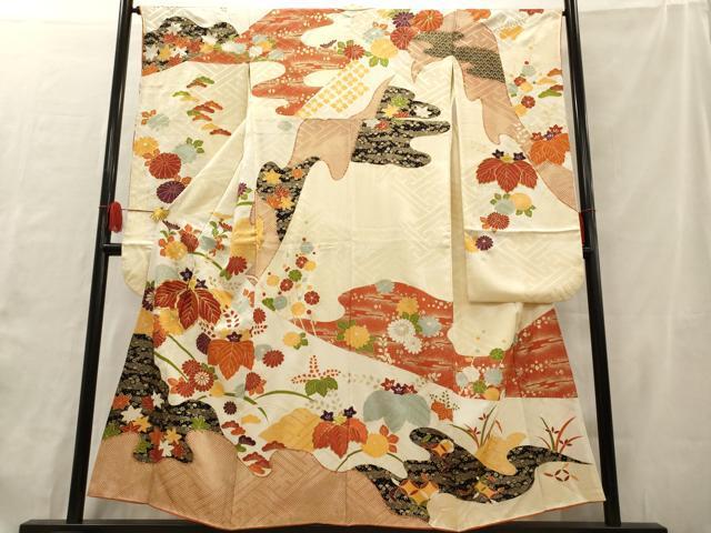 平和屋着物■豪華振袖　駒刺繍　草花文　金彩　正絹　逸品　AAAO1191cg