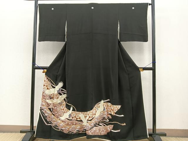 平和屋着物■豪華黒留袖　駒刺繍　吉祥鬘帯飛鶴花文　金彩　正絹　逸品　BAAN1618jr