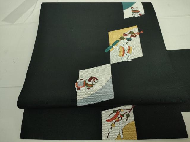 平和屋着物■九寸名古屋帯　犬　イヌ　兎　ウサギ　黒地　正絹　逸品　DAAL9570op