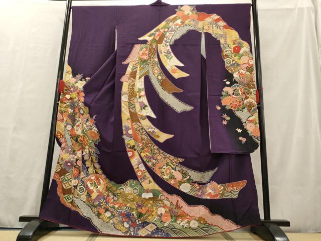 平和屋着物■豪華振袖　駒刺繍　熨斗吉祥花文　金彩　正絹　逸品　AAAO3175cg