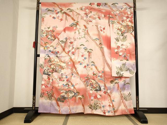 平和屋着物■豪華振袖　駒刺繍　地紙御所車花文　暈し染め　金銀彩　そごう百貨店扱い　正絹　逸品　AAAO4519ja