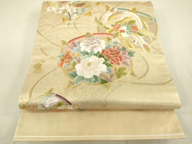 平和屋着物●太鼓柄袋帯　駒刺繍　総刺繍　鳳凰花文　金糸　引箔　正絹　逸品　DAAL7219du