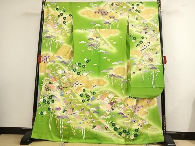 平和屋着物●創業460年・千總　振袖　駒刺繍　宝尽くし流水草花文　暈し染め　金彩　伊勢丹扱い　正絹　逸品　AAAO9312np
