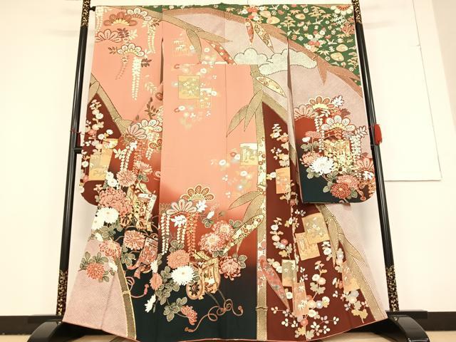 平和屋着物●豪華振袖　御所車花文　金彩　正絹　逸品　AAAO6260ph