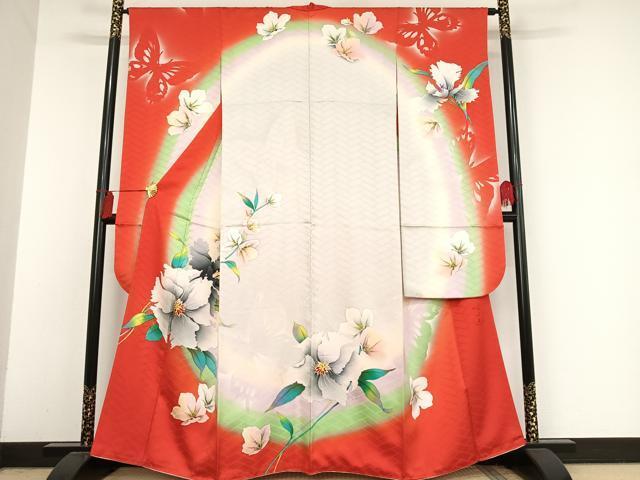 平和屋着物●日展作家　山本唯与志　レリーフ染　振袖　花蝶文　暈し染め　金彩　正絹　逸品　AAAN3592oa