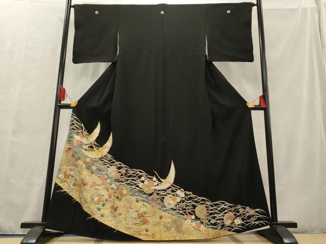平和屋着物■豪華黒留袖　駒刺繍　飛鶴花文　金彩　正絹　逸品　AAAO3178cg