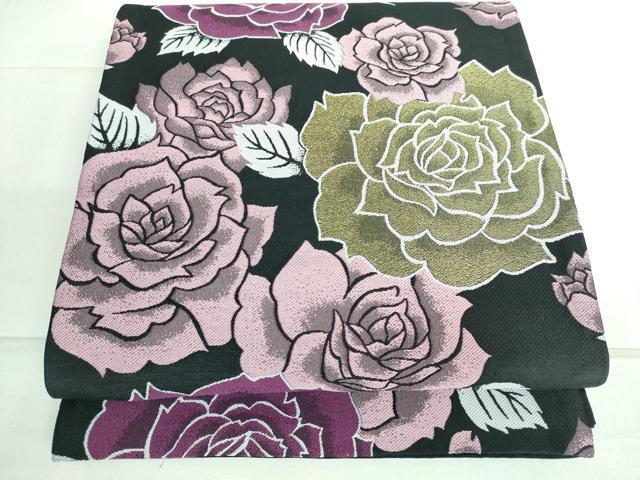 平和屋着物●全通柄袋帯　バラ　薔薇　黒地　金糸　正絹　逸品　DAAK4923ic
