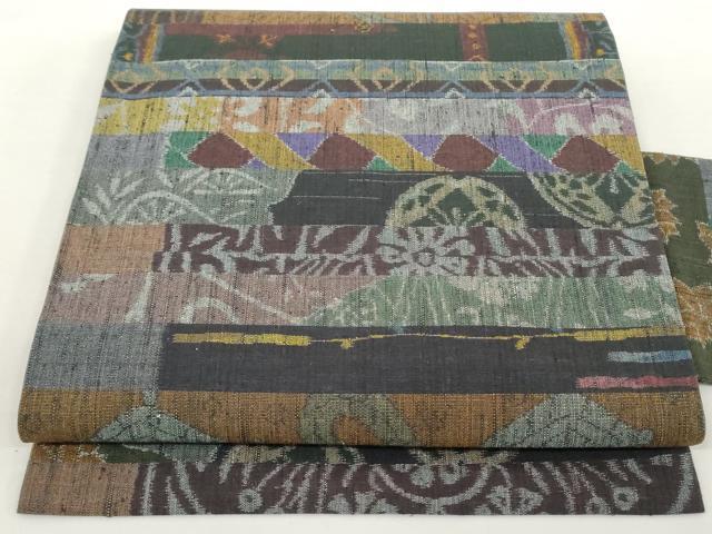 平和屋着物●小千谷紬　九寸名古屋帯　横段文　黒地　正絹　逸品　未使用　AAAO2107az